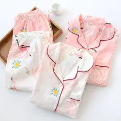 2019 новый весенний хлопковый пижамный комплект Shuttle тканые двухслойная Марля Pijama Mujer женские с длинными рукавами брюки розовый Пижамный