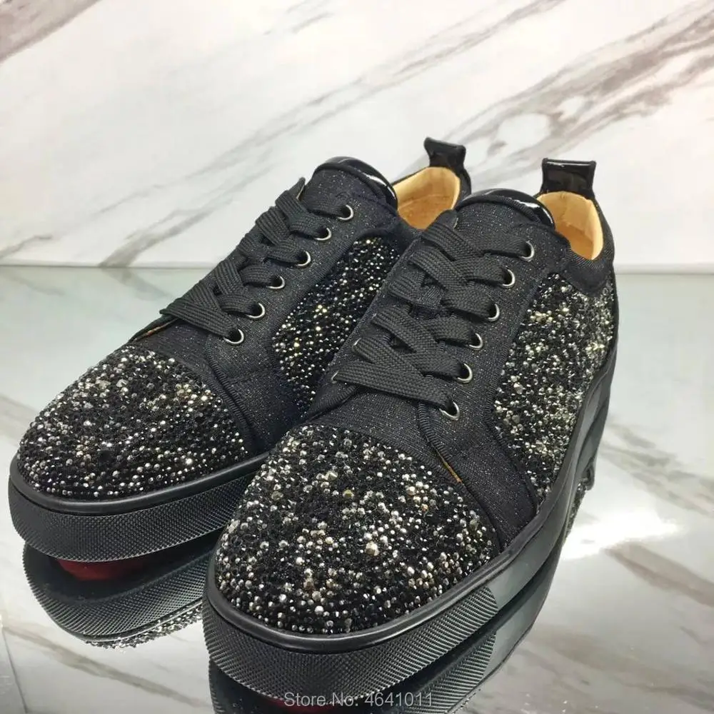 

Low-Cut Leisure shoes cl andgz Lace-Up Black with Gray Rhinestone diamond Red bottom For men shoe sneakers Leather Flat Loafers