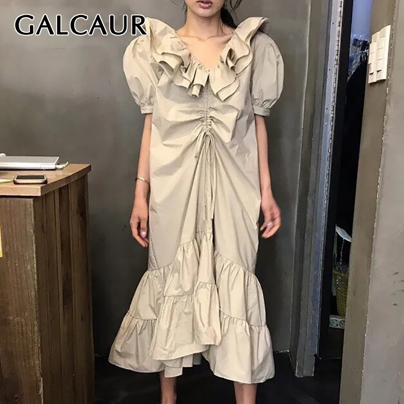 

GALCAUR Solid Casual Women Dress Ruffled Collar Puff Sleeve Ruched Asymmetrical Midi Dresses Female Fashion Summer 2019 New