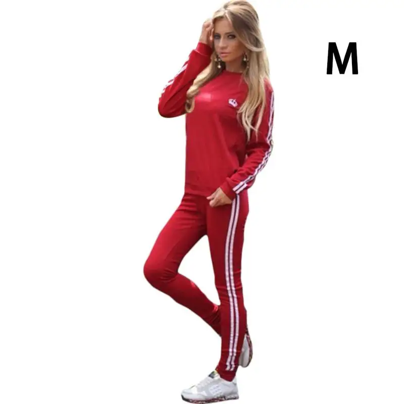 

2019 Spring Tracksuit 2pcs Women Set Fitness Running Top Sweatshirt+ Side Stripe Pants Loose Plus Size 2 Pieces Sets Solid Color