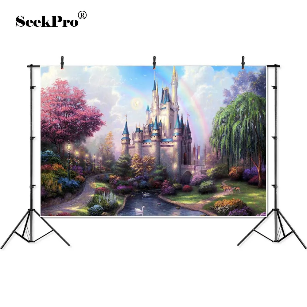 

Pink Tree Spring Purple Photography Backdrop Rainbow Fairy Tale Castle Baby Shower Children Princess Photo Backdrop Personalized