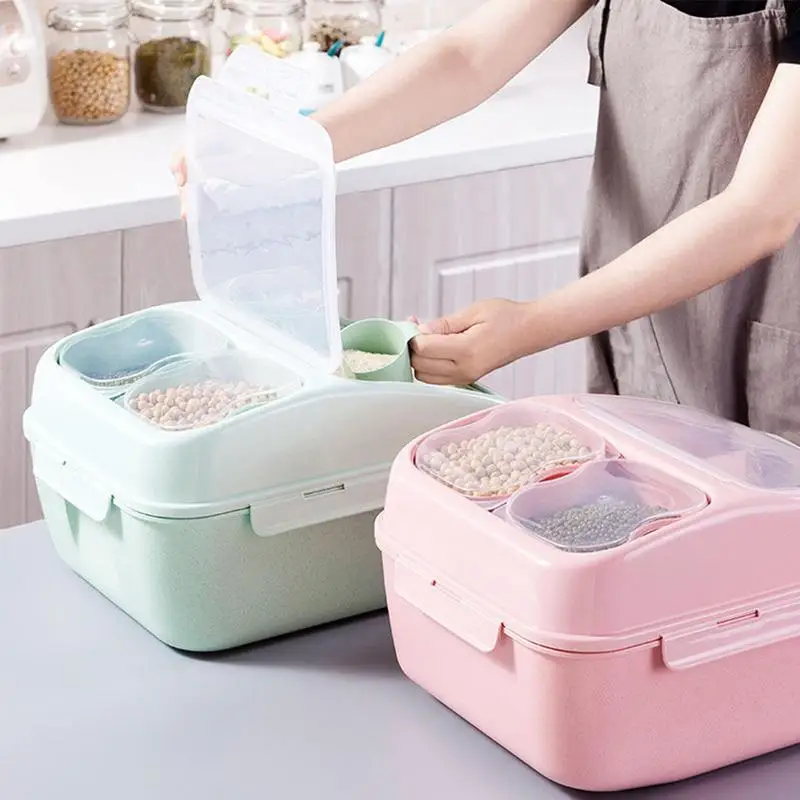 

Double Sealed Rice Storage Containers Kitchen Grain Storage Box With Pulley Large Capacity Bucket + 2 Storage Jar +Measuring Cup
