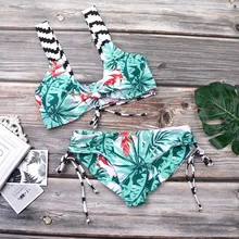 Green Print Floral Swimwear Striped Bandage Push Up Swimsuit Women Padded String Bikini Set Female Low Waist Swim Suits Biquinis string striped bikini set with tassel