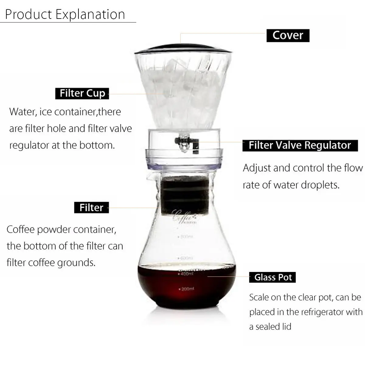 Glass Cold Ice Water Drip Coffee Maker Brew Pot Dripper Coffeemaker 800Ml