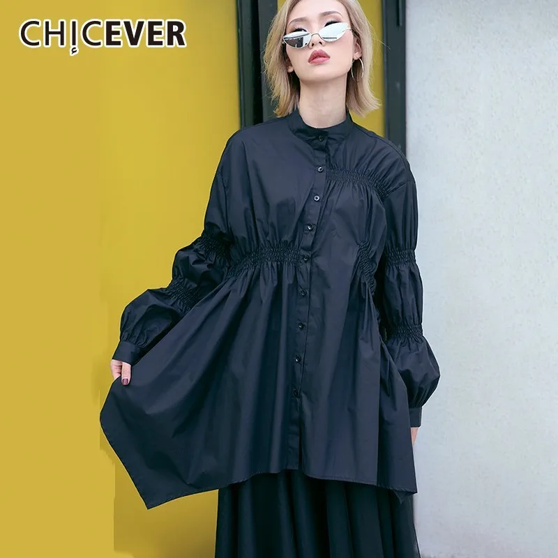 Женская блузка CHICEVER белая с длинным рукавом и стоячим воротником повседневная