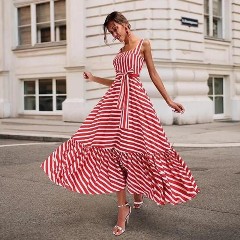 

Striped Boho Dress Women Summer 2019 Fashion Red Sexy Beach Dress Ruffles Ladies Strap Sleeveless Tunic Casual Dresses For Women