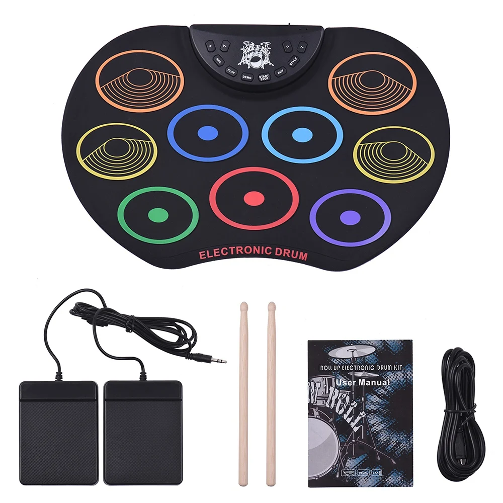 

HOT-Electronic Drum Kit Roll-Up Drum Set 9 Silicon Drum Pads USB/Battery Powered With Drumsticks Foot Pedals For Children Kids