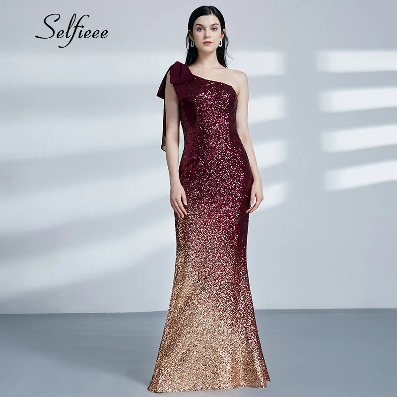 

Burgundy Gold Sequin Dress 2019 New Fashion Sexy Little Mermaid One Shoulder Long Formal Party Gowns Ladies Bodycon Dresses