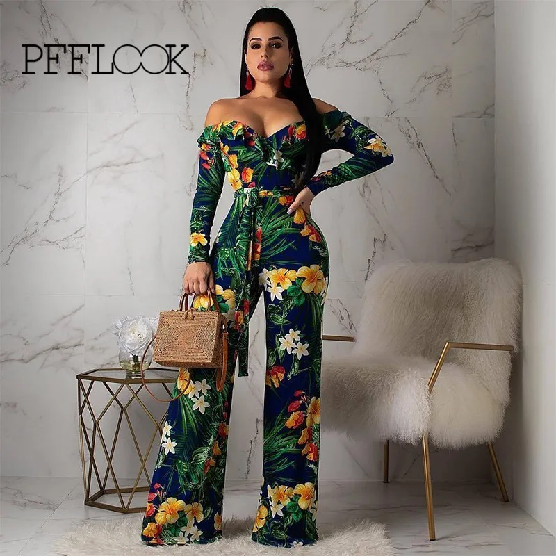 

PFFLOOK Off Shoulder Sexy Long Jumpsuit Flower Print Long Sleeve Bodycon Rompers Women Jumpsuit Sashes Elegant Autumn Body Femme