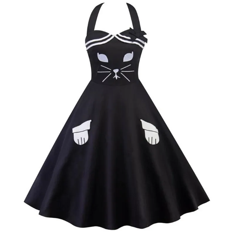 

Vintage Retro Dresses 50s 60s Robes Rockabilly Swing Pin Up Embroidery Dress High Quality Cute Cat Dress Lady Summer Plus Size