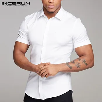 

INCERUN 2020 Casual Men Shirt Short Sleeve Solid Summer Breathable Fashion Men Business Shirt Muscle Slim Fit Tops Chemise S-5XL