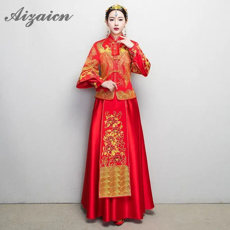 Новый китайский Cheongsam красный Qipao невесты свадебное платье для женщин феникс вышивка традиционный вечернее Женская мода узор