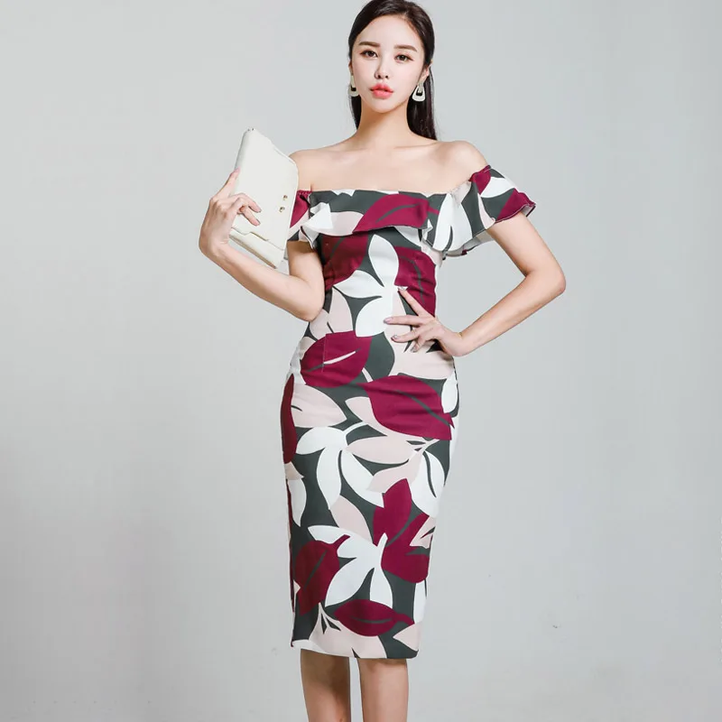 

CINESSD Sexy Bodycon Off The Shoulder Dress 2019 Women Polyester Elegant Print Slash neck Sleeveless Hip Sheath Dress Vestidos