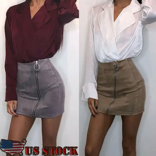 2019 Women High Waist Suede Leather Pocket Preppy Short Mini Skirts Zip Up