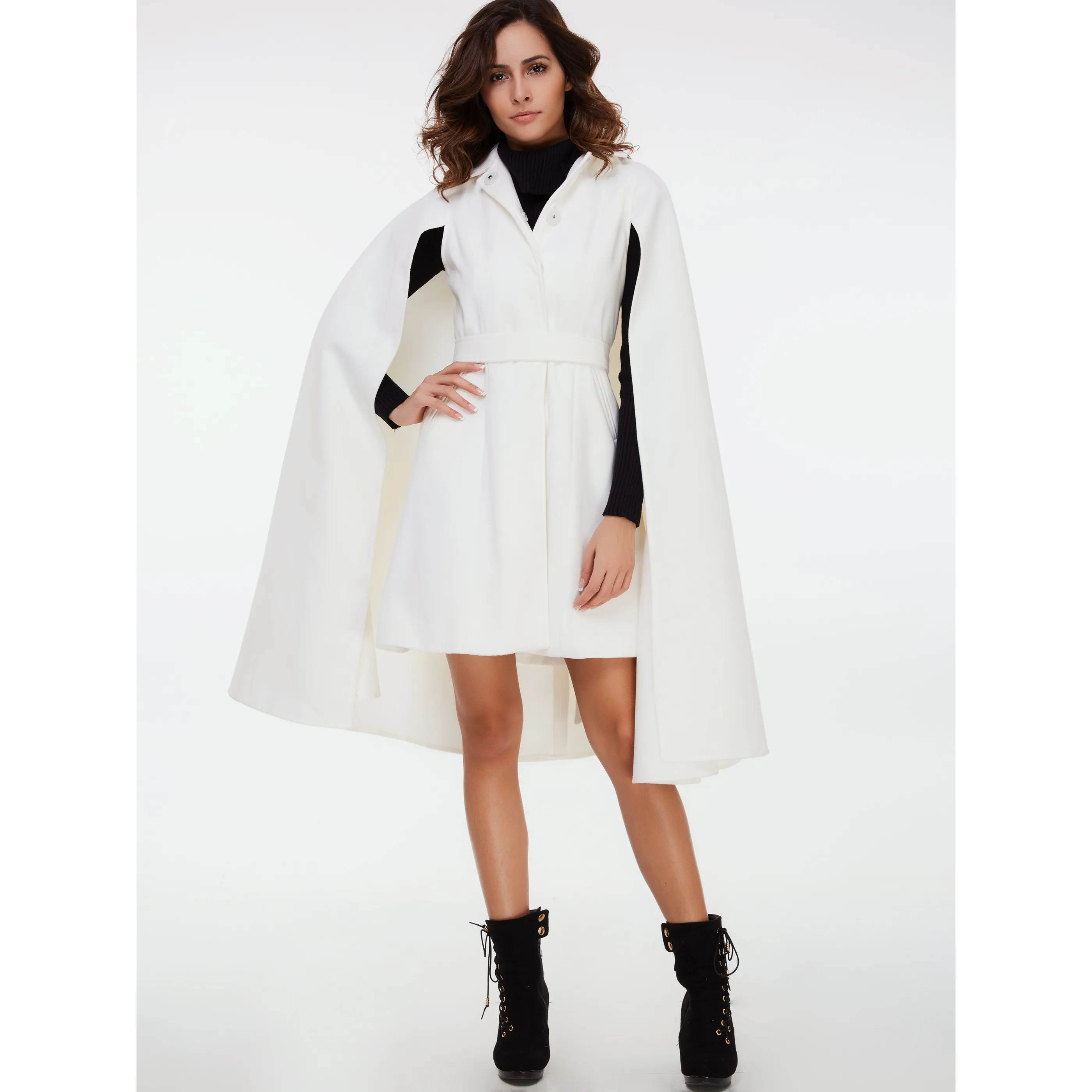 Women Overcoats Casual White OL Winter Warm Cape Wool Blends Lapel