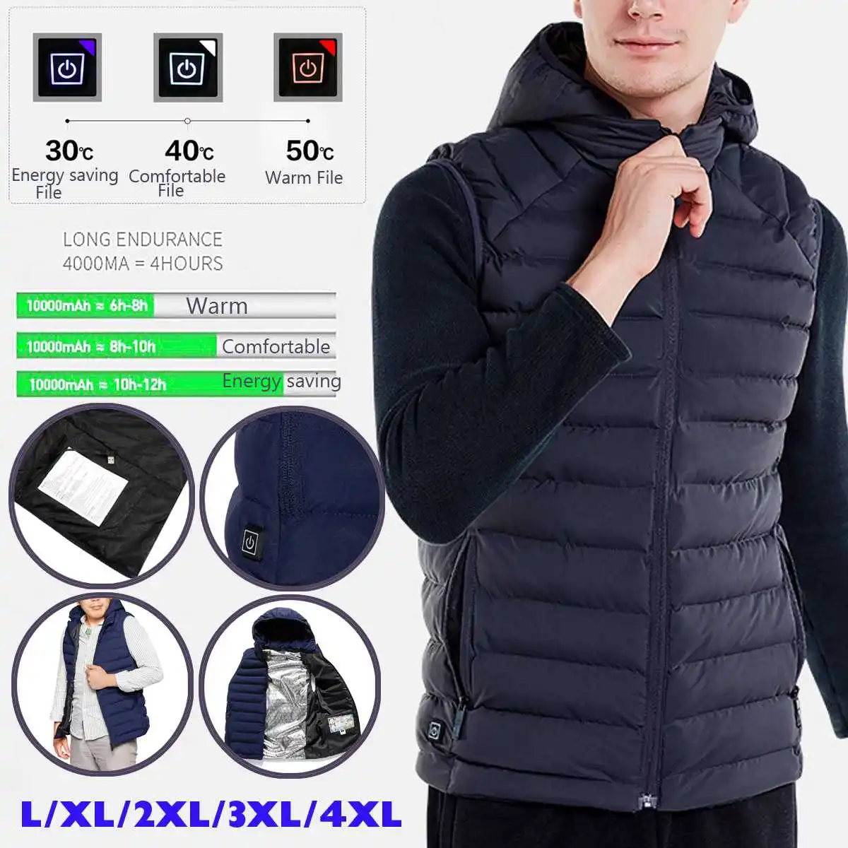 

L/XL/XXL/XXXL/4XL Blue USB Heated Vest Safety Intelligent Thermostatic Heating Vest Keep Warm Outdoors Winter