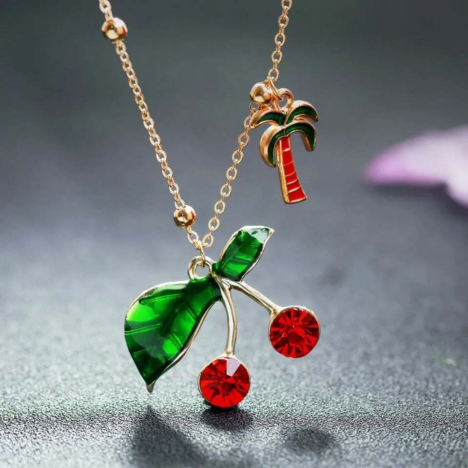 

Lucky Shinning Red Rhinestone Cute Cherry Shape Women Necklace Fashion Style Trendy Decorate Women Pendant Necklace Jewelry