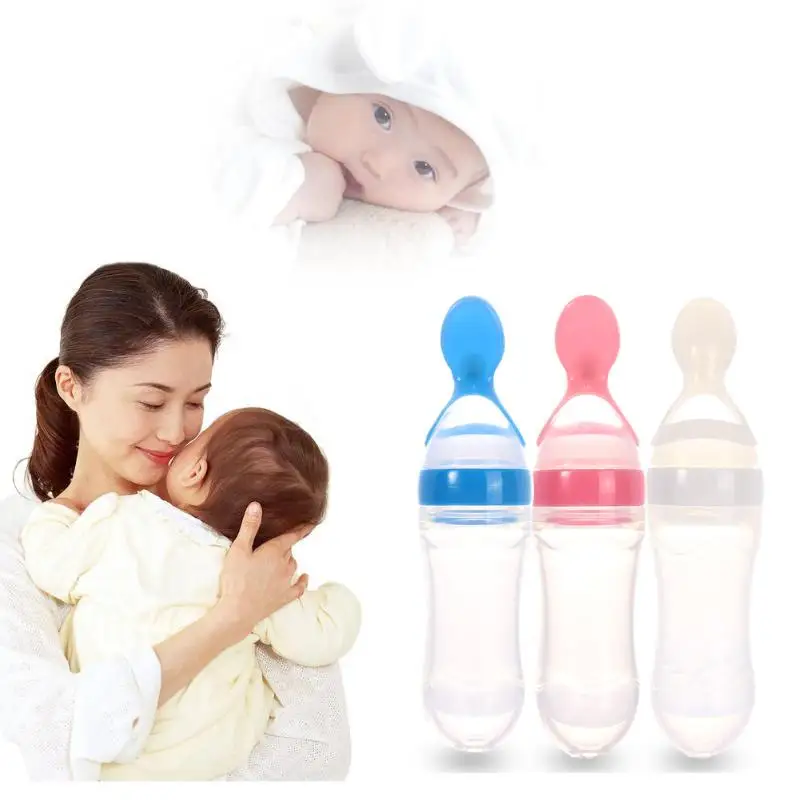 

90ml Infant Silicone Baby Feeding With Spoon Food Rice Cereal Bottle Baby Feeding Toddler Silicone milk Bottles Safe Food Supply