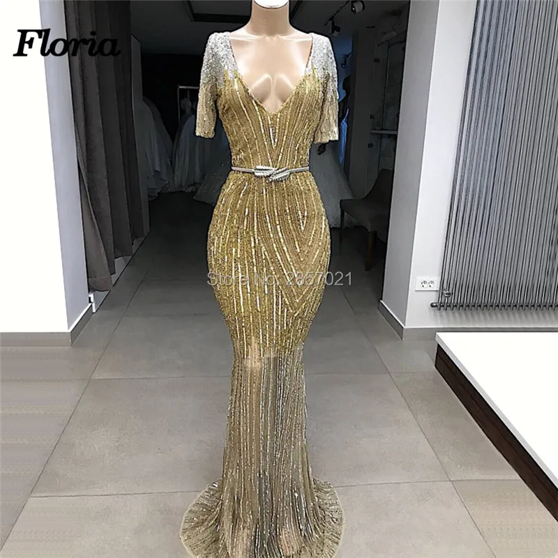 

Shiny Gold Mermaid Evening Dresses For Weddings Robe de soiree Arabic Dubai Prom Dress Beaded Rhinestone Celebrity Gowns Islamic