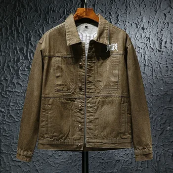 

2018 autumn port wind brown male boy denim jacket Korean men's wild loose embroidery letter jacket
