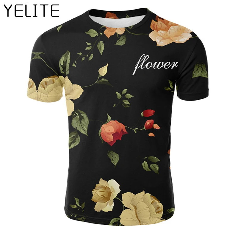 

YELITE 2019 T-Shirt Flower Printed T Shirt Mens Tops 3D Streetwear Man Tee Shirts Casual High Quality Male Homme Short Sleeve