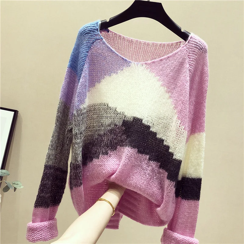 Thin Lazy Wind Sweater Pullover Early Autumn 2018 New Style Color-Block Loose-Fit Jumpers Female Long Sleeve Cutout Top Thin Lazy Wind Sweater Pullover Early Autumn 2018 New Style Color-Block Loose-Fit Jumpers Female Long Sleeve Cutout Top