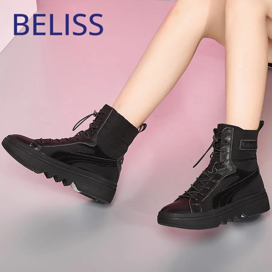 BELISS натуральная кожа зимние ботинки для женщин до середины икры женские зимние сапоги с круглым носком Теплые вниз открытый модная обувь дамы B76