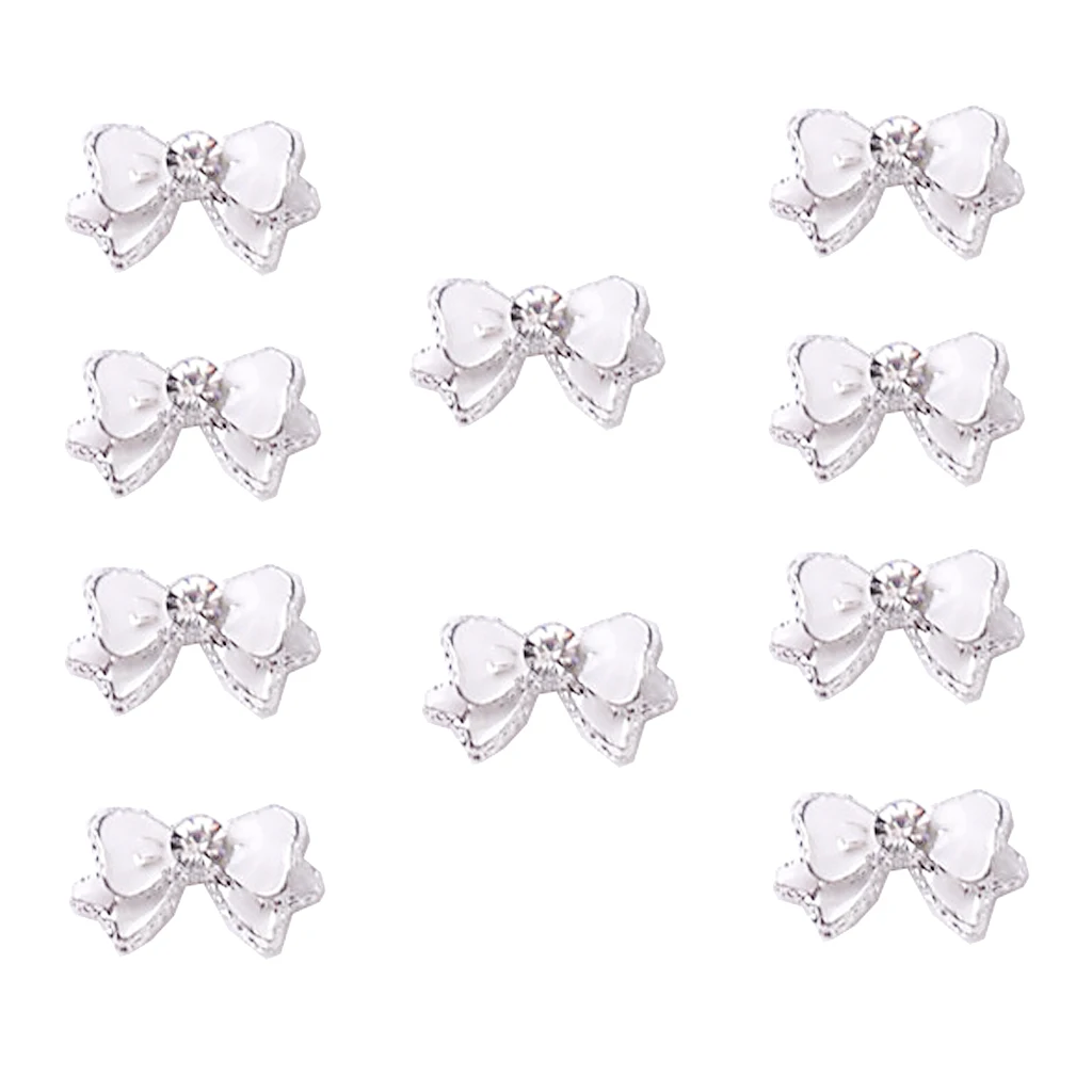 

10Pcs White Cute Ribbon Bowknot Bling Rhinestone Nail Art Accessories Cellphone Decoration Nail Art High Quality