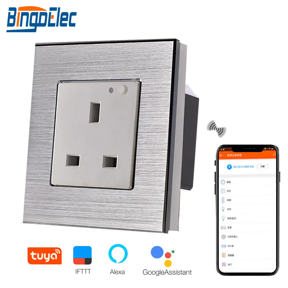 

Bingoelec UK Standard 13A Wall Socket Aluminum Frame WIFI Socket Wireless Control By Tuya APP Support Google Home