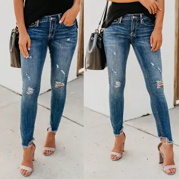 

Sexy Womens Jeans Denim Jeans Ripped Hole Pants High Waist Stretch Jeans Slim Fit Pencil Pants Trousers