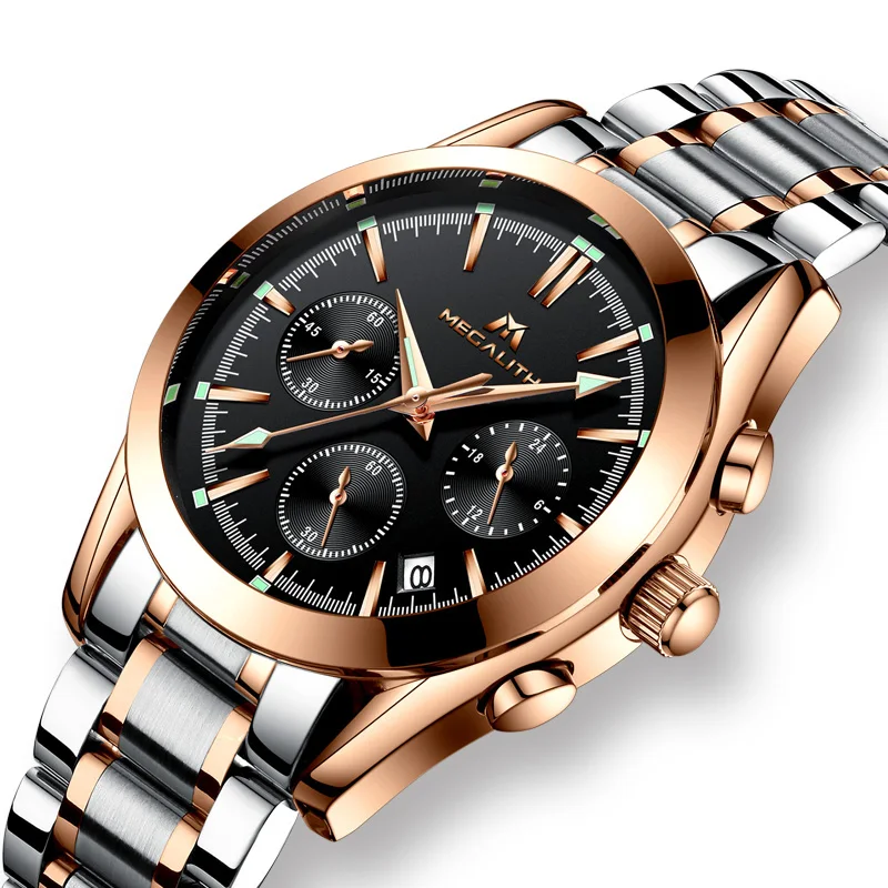 

MEGALITH Men's Watch Waterproof Stainless Steel Man Clock Chronograph Sports Business Quartz Wrist Watches Men Relogio Masculino