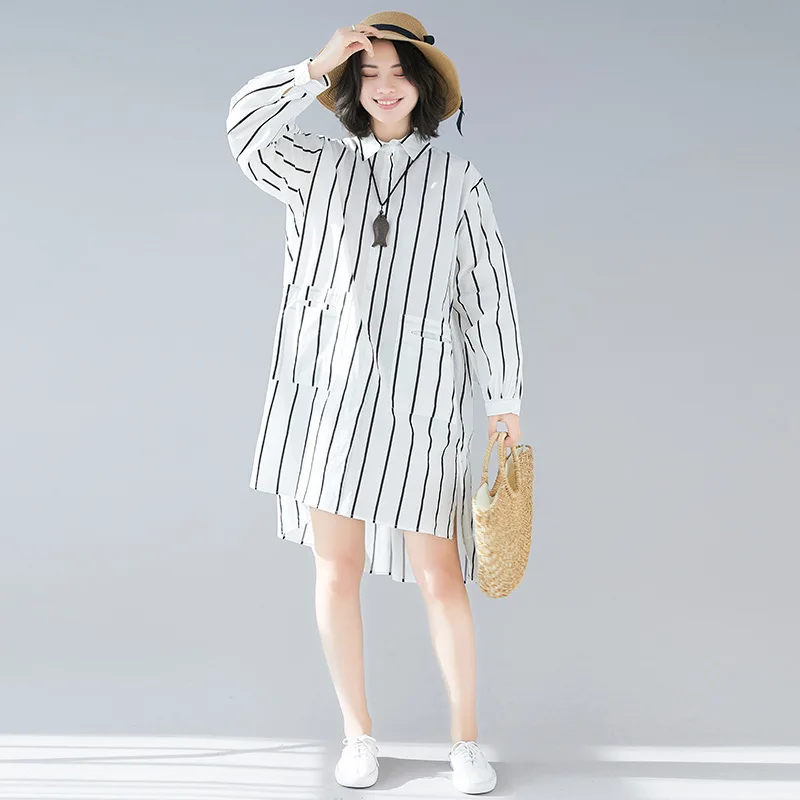 

2019 Spring New Patten Lapel Long Sleeve Striped Patchwork Stirped Single Breasted Loose Casual Dress Women Fashion Tide AD629
