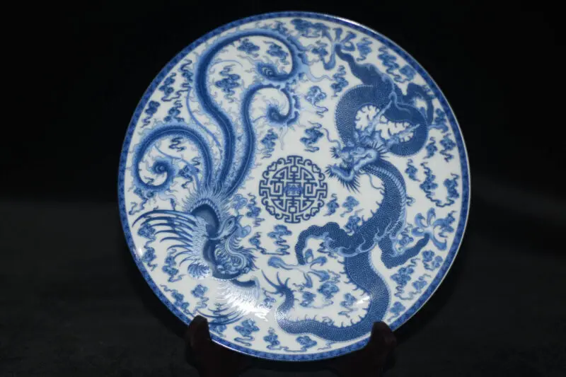 

Exquisite Chinese Handpainted Dragon And Phoenix Qianlong Blue And White Porcelain Plate