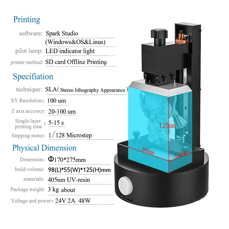 1 Набор Настольный светильник УФ-смола SLA 3d принтер 98*55*125 мм объем сборки SLA/DLP/lcd 3d принтер