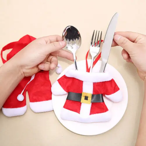 2Pcs Tableware Bag Christmas Clothes Pants Fork Knife Holder Table Mat