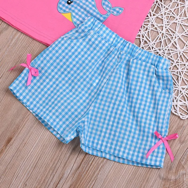 Baby Girls Casual Summer Sets Clothes Whale Print Short Sleeve T-shirt Tops+Plaid Shorts 2Pcs Outfits Cotton Girl Sets