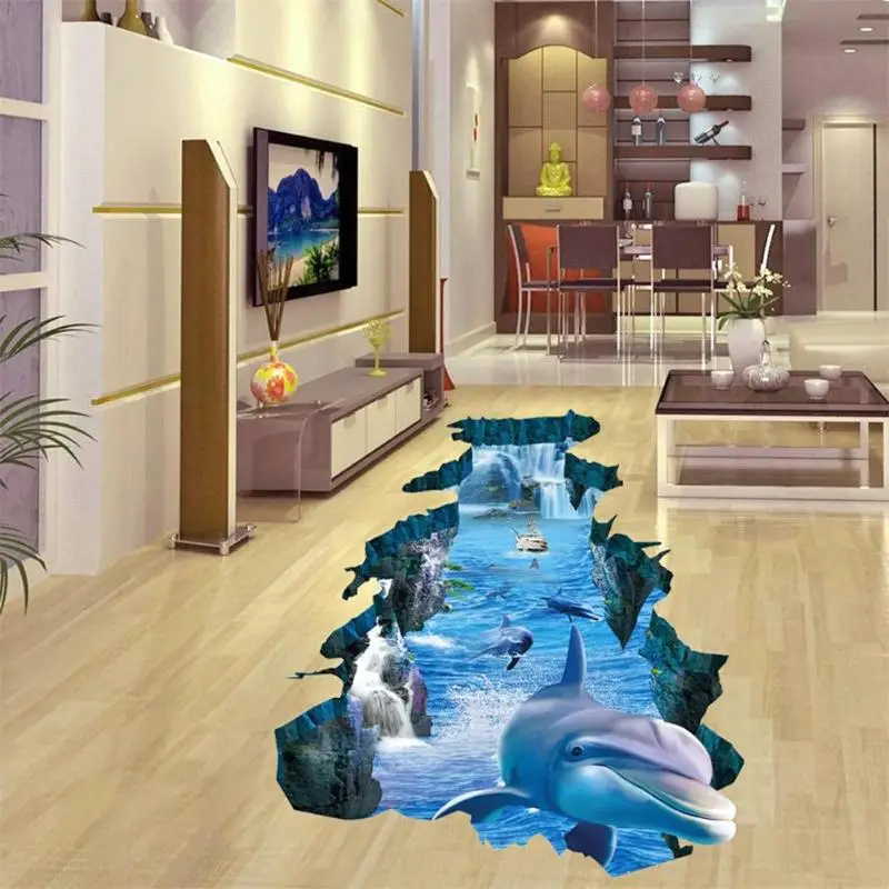 

3D Dolphin Broken Wall PVC Self-Adhesive Wall Sticker PVC Waterproof Ground Decals Removable Floor Decals Living Room Bedroom