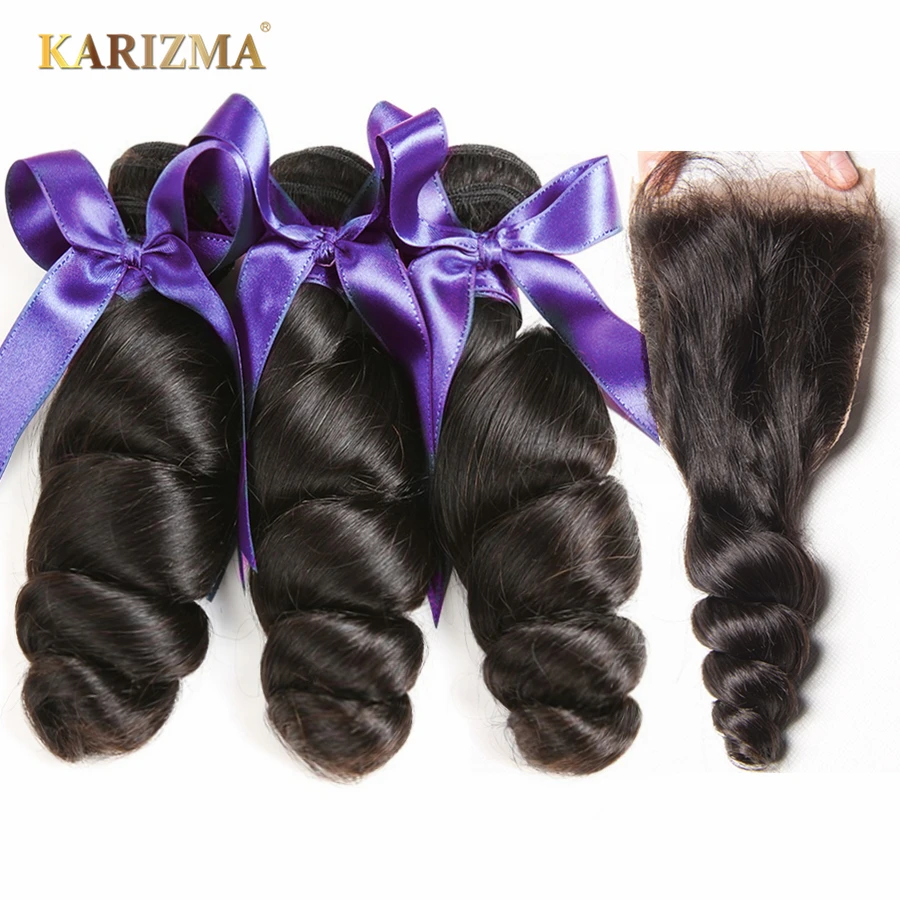 Karizma malaysian hair bundles with closure middle part loose wave human hair 3 bundles with closure non remy hair extenisons