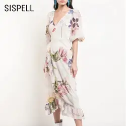 SISPELL Асимметричный женское платье с v-образным вырезом платье с рукавами фонариками юбка с оборками с завышенной талией Миди с принтом