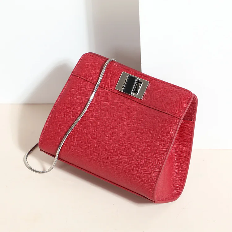 

2018 New Style Single Shoulder Slanting European and American Fashion Pure Color Lock Small Square Bag Real Leather HandBag