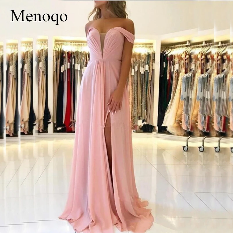 Menoqo, сексуальные кружевные шифоновые вечерние платья трапециевидной формы на спине, недорогие Длинные вечерние платья с разрезом по бокам, платья с открытыми плечами