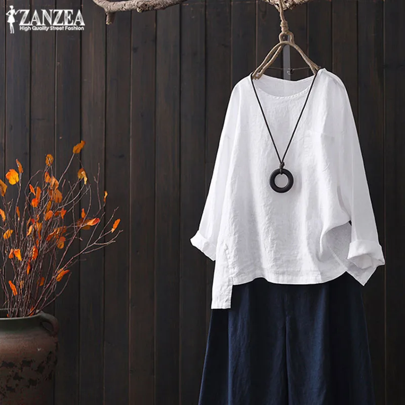 2021 Oversized ZANZEA Spring Women Casaul O Neck Long Sleeve Shirts Tops Vintage Solid Cotton Linen Party Loose Blouse Female | Женская