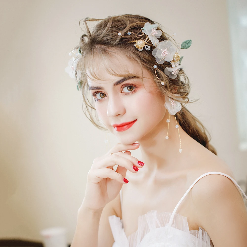 

Romantic Yarn Flower Headband Hair Accessories Fashion Wedding Bridal Headdress Holiday Birthday Headpiece with Drop Earrings