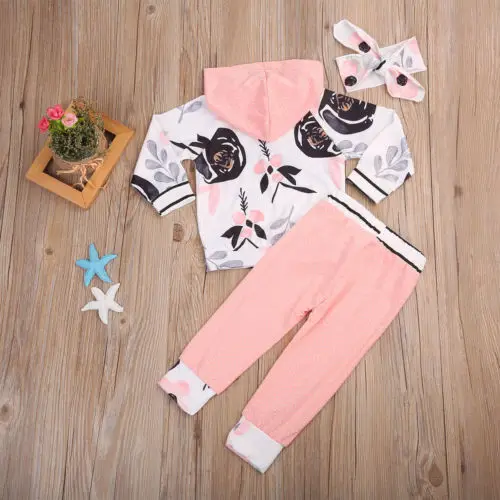 3pcs Toddler Kids Baby Girls Clothes Set Long Sleeve Hoodie Shirt Sweatshirt Tops+Pants Outfit 0-3Y