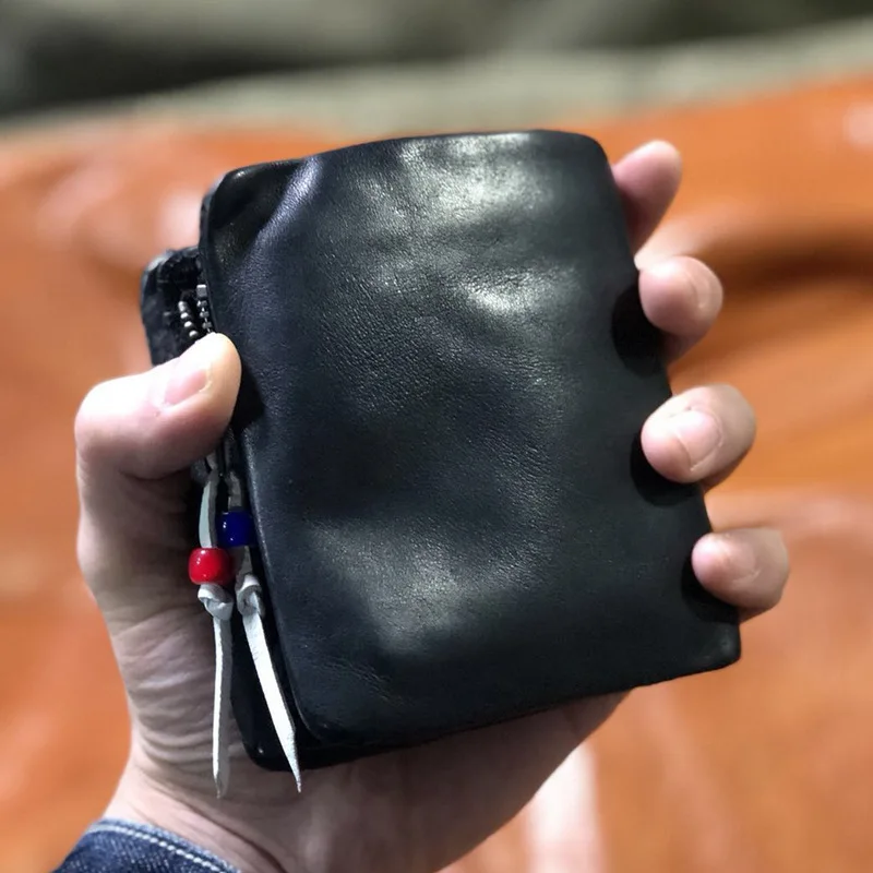 

Original Handmade Real Leather Purses Vintage Men's Leather Short Purse Cowhide Small Wallet Casual Zipper Zero Wallet for Men