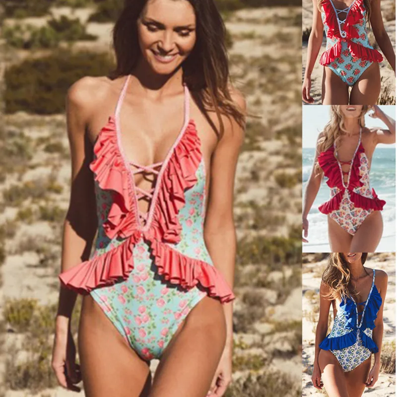 

ladies high waist bandage swimwear women push up one piece floral flower ruffle swimsuits woman bathing suit plus size monokini