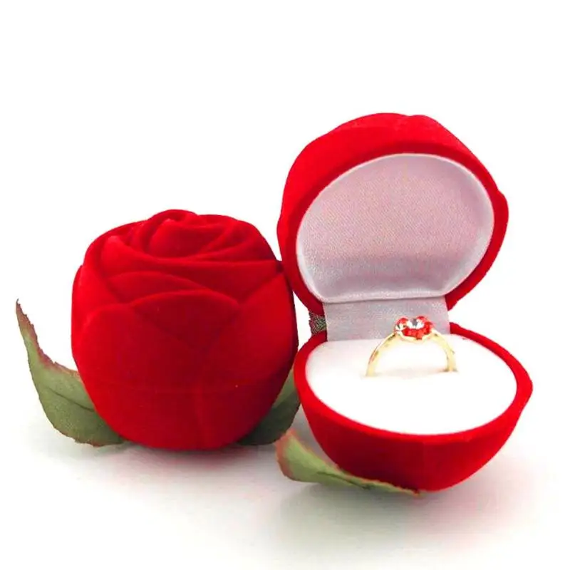

Romantic Rose Flower Flocking Ring Box Holder Wedding Propose Engagement Valentine Day Gift Packing Jewelry Case Flocking