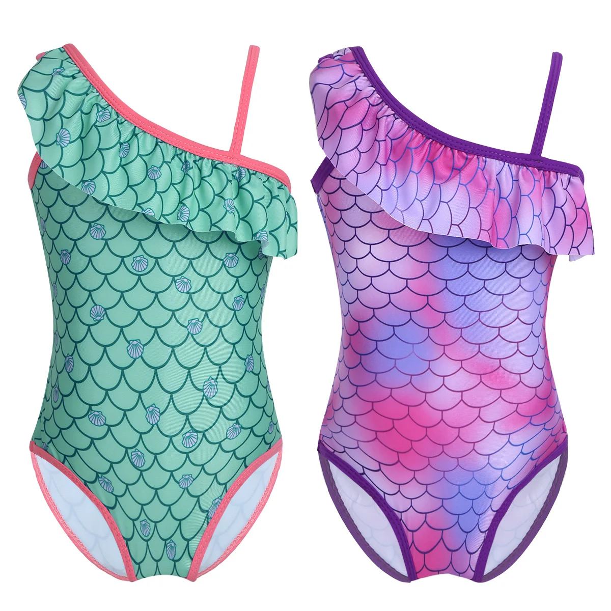 TiaoBug Children Girls One-piece Mermaid Scale Ruffle One-shoulder Swimsuit Kids Toddler Swimwear Stretchy Bodysuit Bathing Suit