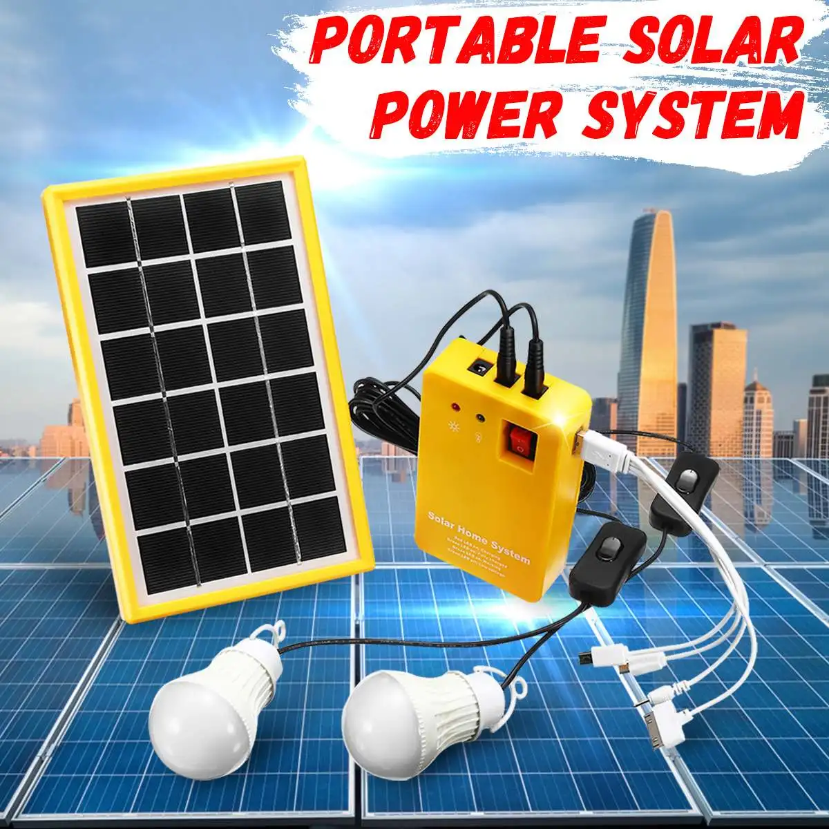 

5V Solar Power Panel Generator Kit USB Charger Home System with 3 LED Bulbs Light Indoor/Outdoor Lighting Over Discharge Protect
