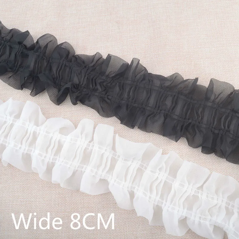 

8CM Wide White Black Luxury Organza Ruffle Trim Ribbon Dress Collar Neckline Applique decorated Guipure For DIY Sewing Supplies